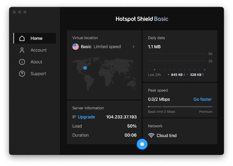 Hotspot Shield connected to free server in the Mac app