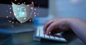 Child using computer for internet online with safety lock guard animation.