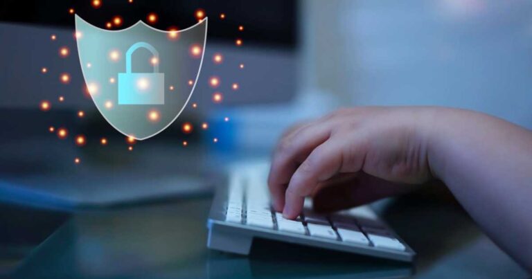 Child using computer for internet online with safety lock guard animation.