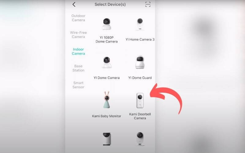 Kami mobile app select Kami Doorbell