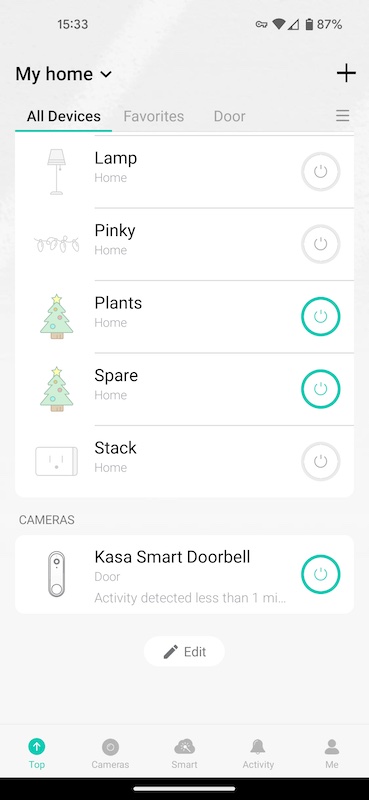 Kasa app home screen