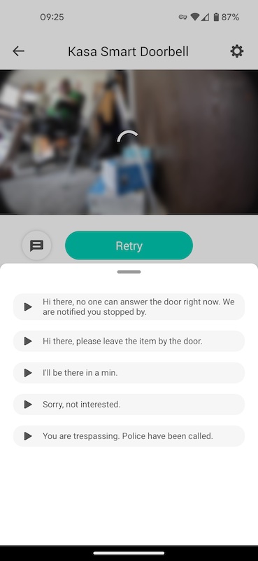 Kasa KD110 doorbell quick replies in the Kasa app