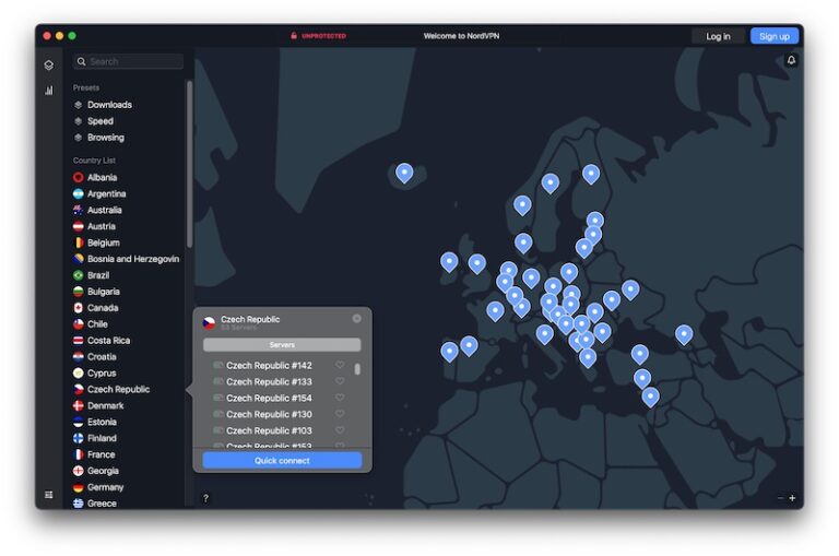 NordVPN's screen for choosing a server