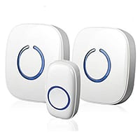 white sadotech wireless doorbell and two wall unit with blue circles
