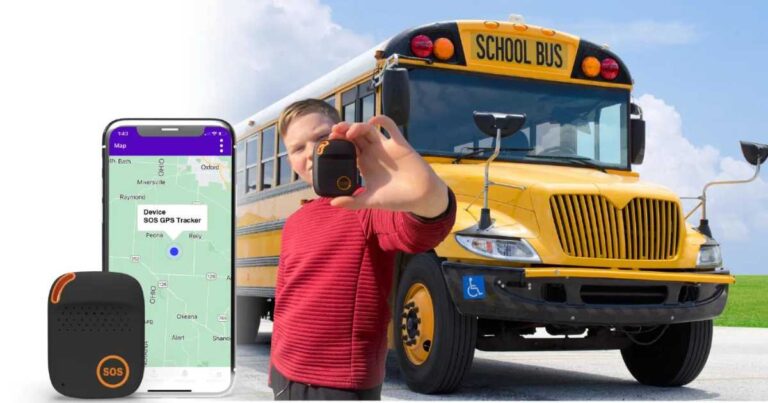 Young boy holding SecuLife device in front of a school bus with images of the app included