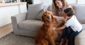 woman and boy with dog