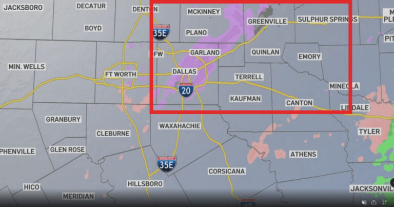 A weather radar map showing a storm warning