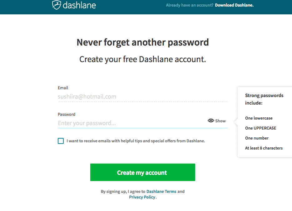 screenshot of Dashlane setup