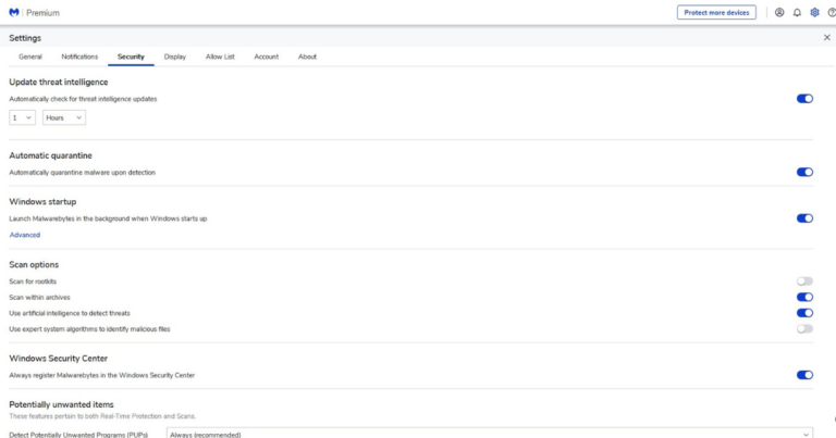 Many of Malwarebytes settings are pre-set.
